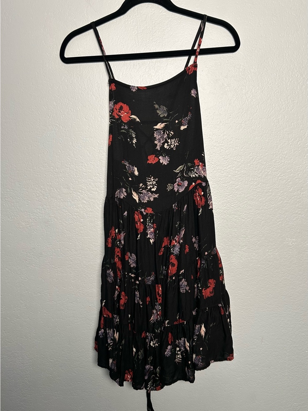Free People Intimately Black Floral Spaghetti-Strap Lace Up Babydoll Mini Dress